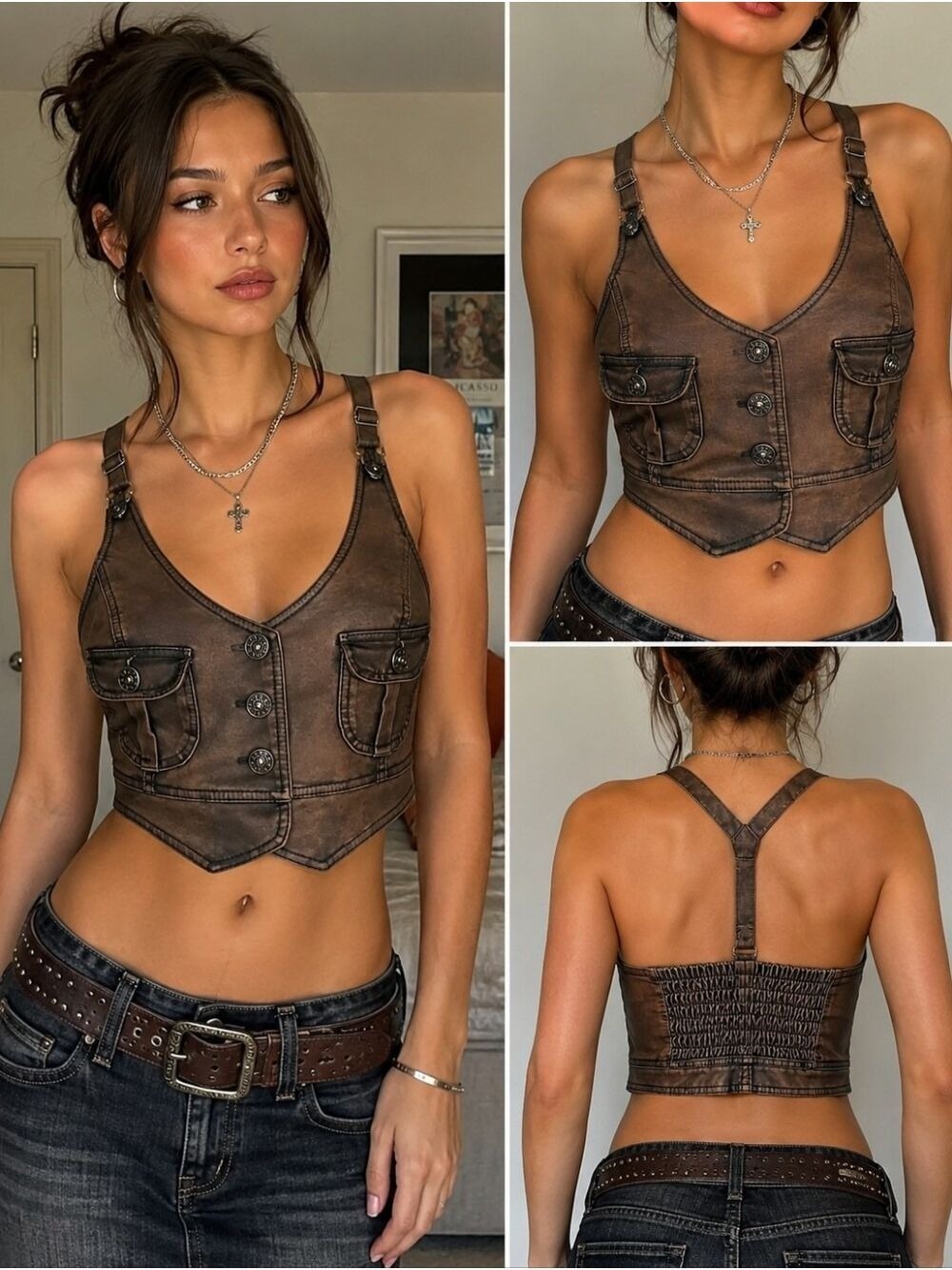 Last Kiss Brown Faux Leather Suspender Crop Vest Top XL